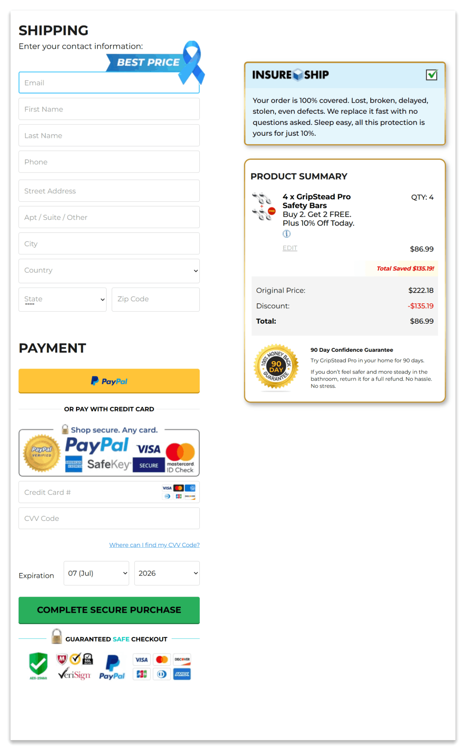 GripStead Pro secure checkout page